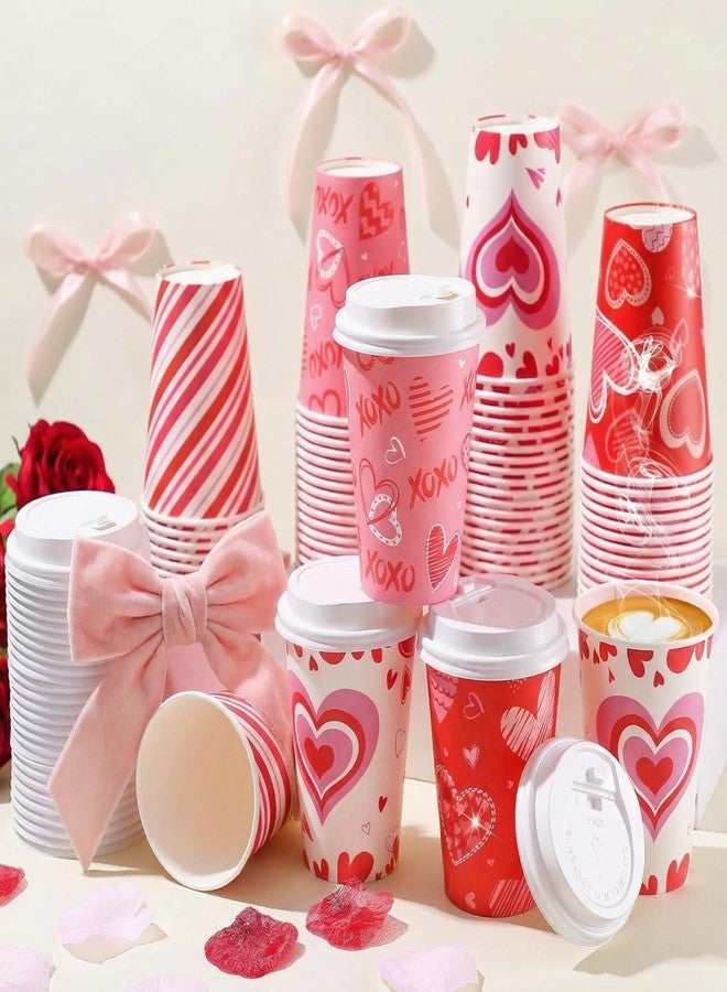 Funtery 60 Set Valentine's Day Disposable Cups with Lids 12 oz Galentine Pink Paper Beverage Cups Hearts Hot Chocolate Cocoa Hot Tea Container Coffee Bar Essentials for Valentine's Day Party Supplies - Image 1